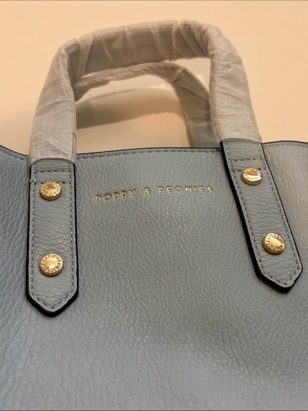 Poppy & Peonies Light Blue Leather Mini Tote with Gold Hardware - Picture 9 of 10